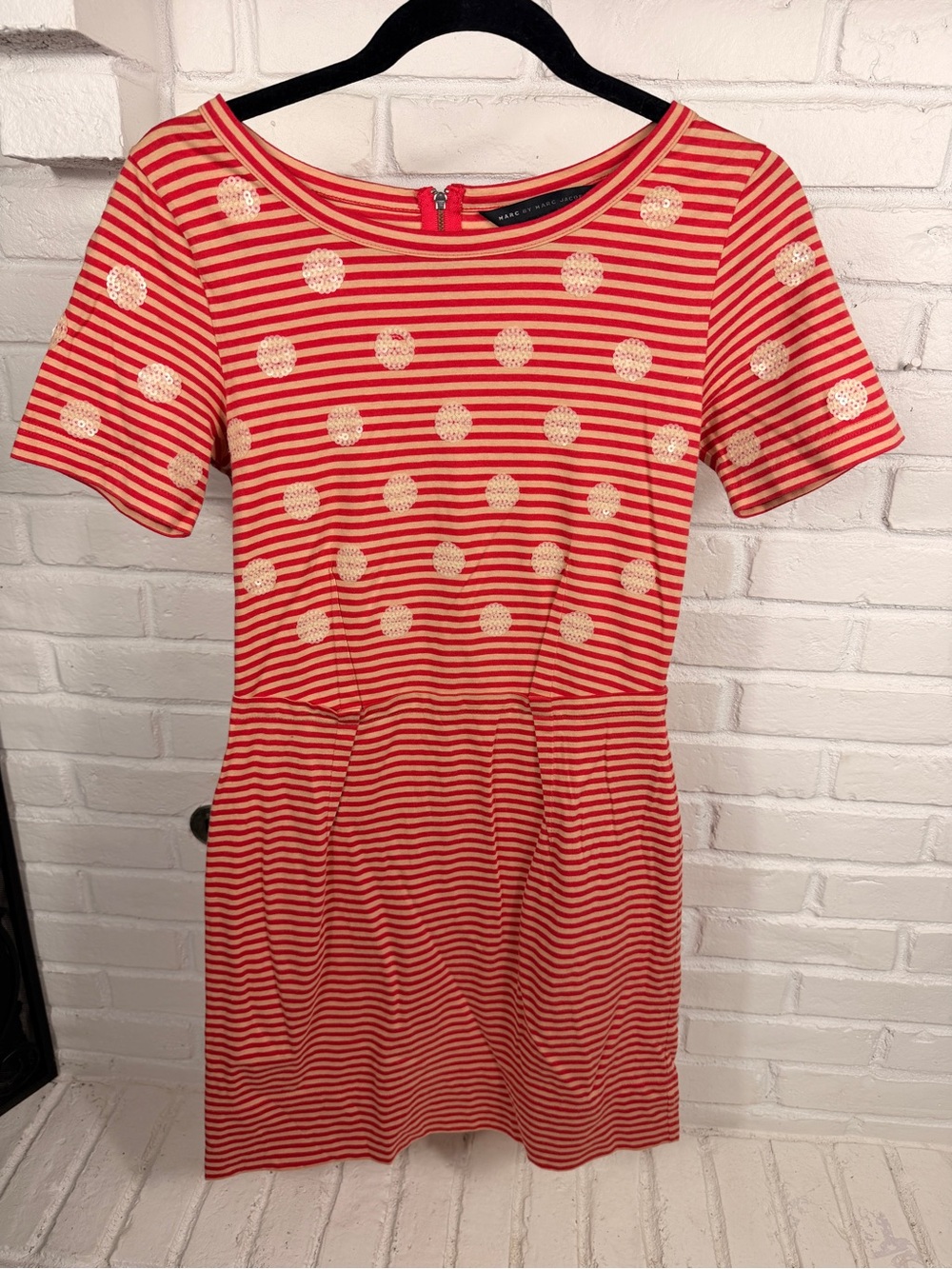 Marc by Marc Jacobs Striped Sequin Polka Dot Dress Red Pink Cotton Sheath Size S